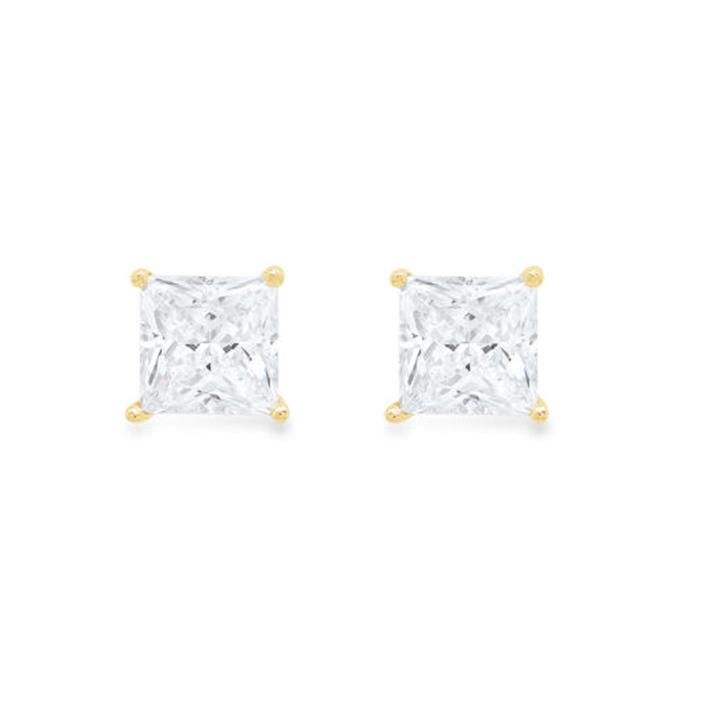 Paris Jewelry 14k Yellow Gold Push Back Princess Created White Sapphire Stud Earrings 4mm