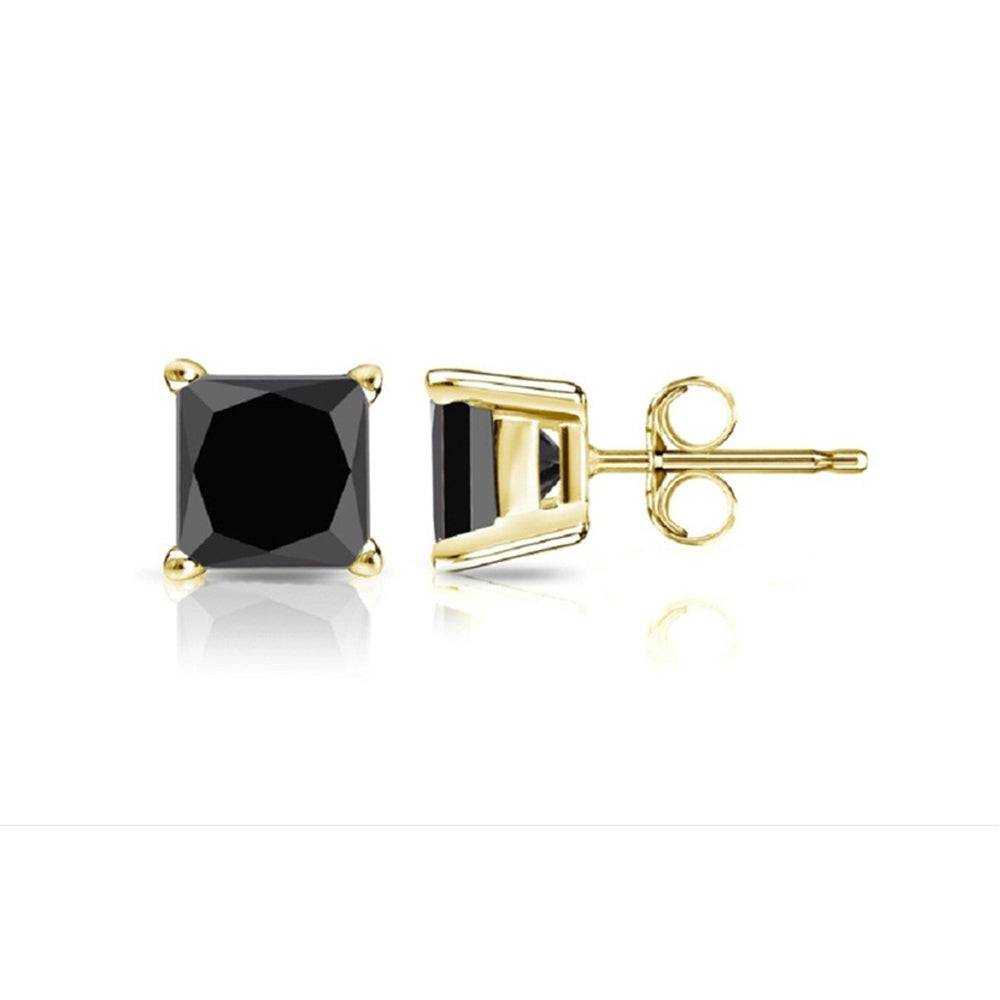 Paris Jewelry 14k Yellow Gold Push Back Princess Created Black Sapphire Stud Earrings 3mm