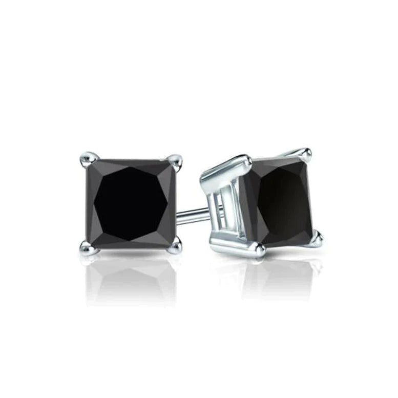 14K White Solid Gold Black Diamond Square Stud Earrings 4mm