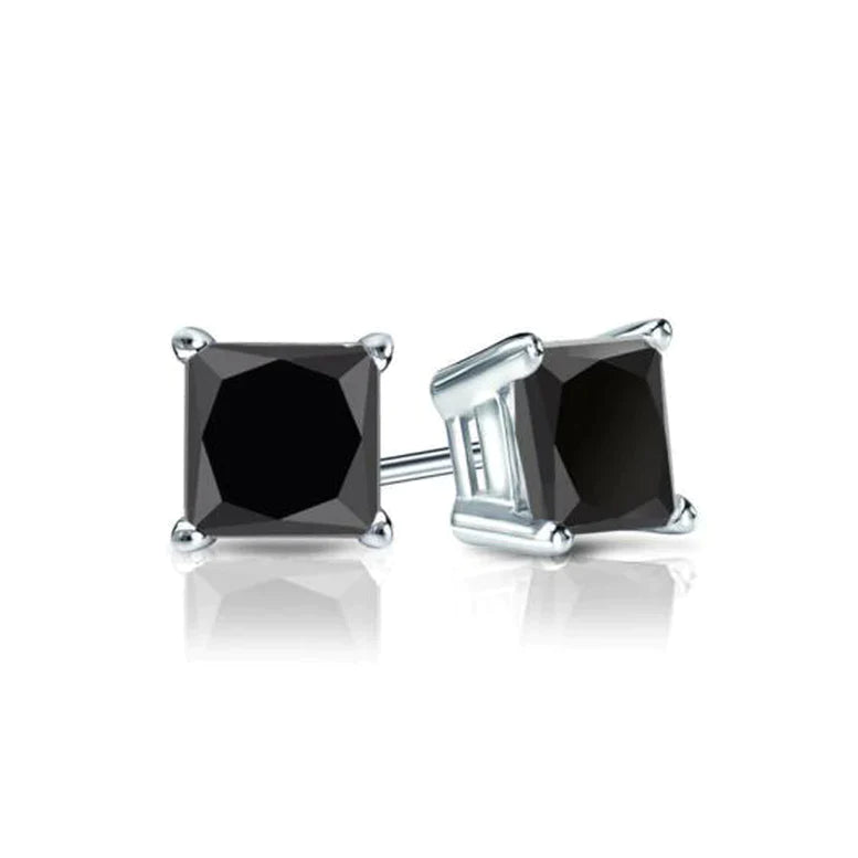 14k White Gold Created Black Diamond Princess Cut Stud Earrings 4mm Plated