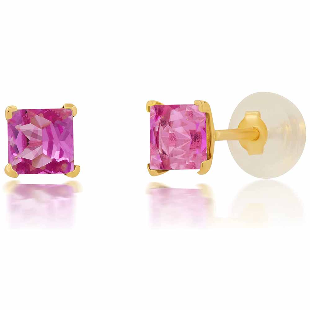 Paris Jewelry 14k Yellow Gold Push Back Princess Created Pink Sapphire Stud Earrings 3mm