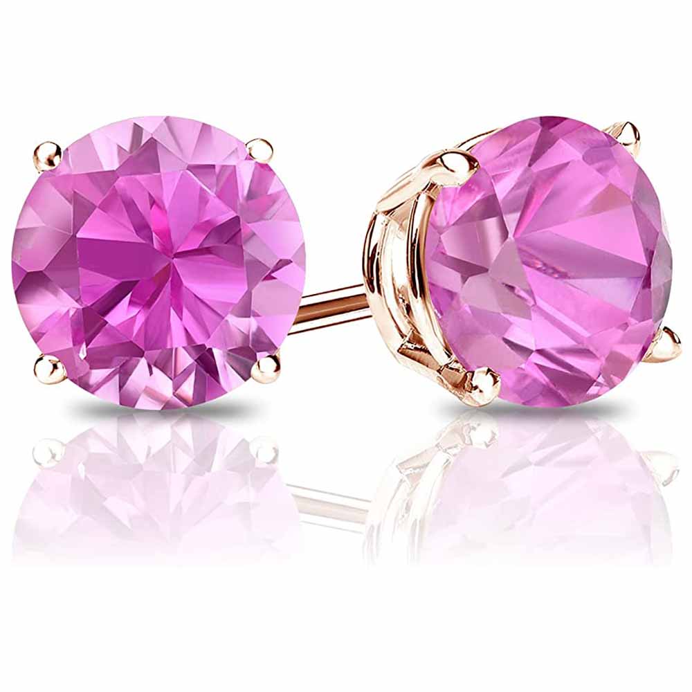 Paris Jewelry 14k Yellow Gold Push Back Round Created Pink Sapphire Stud Earrings 4mm