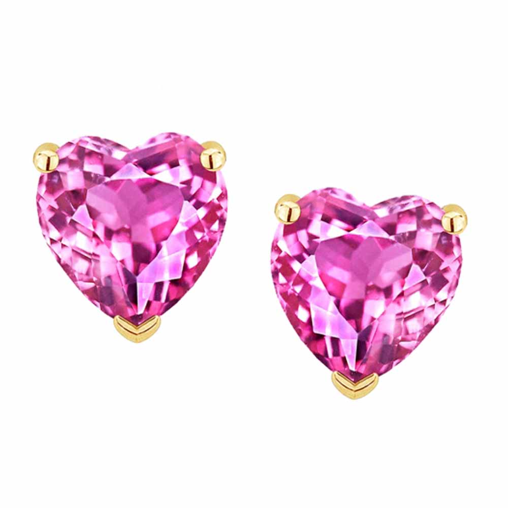 Paris Jewelry 14k Yellow Gold Push Back Heart Created Pink Sapphire Stud Earrings 3MM
