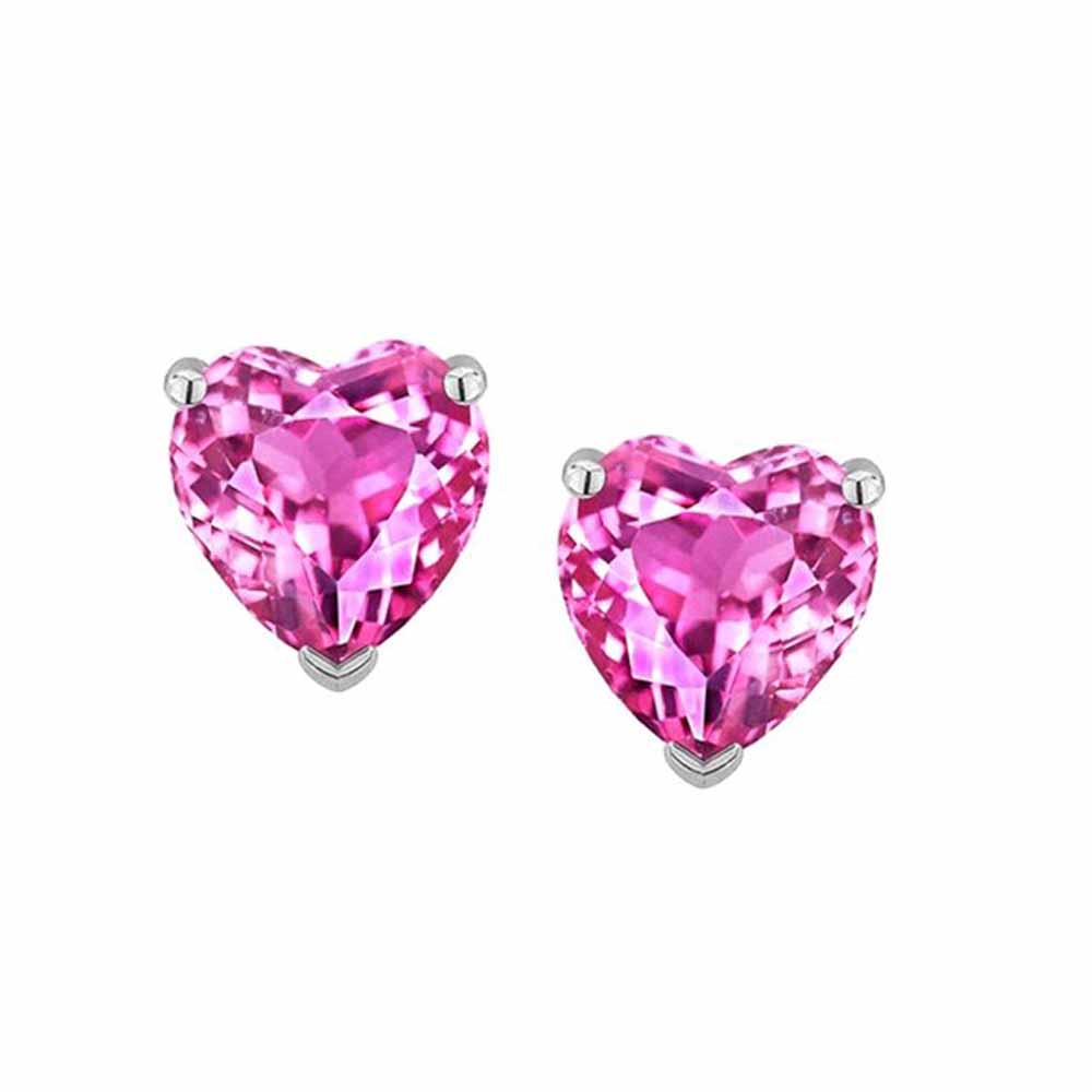 Paris Jewelry 14k White Gold Push Back Heart Created Pink Sapphire Stud Earrings 4MM