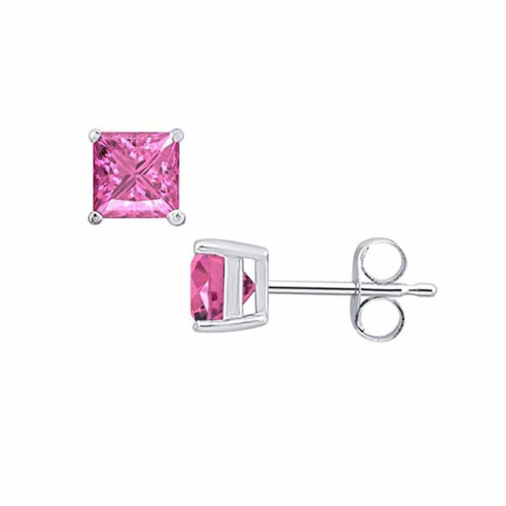 Paris Jewelry 14k White Gold Push Back Princess Created Pink Sapphire Stud Earrings 4MM
