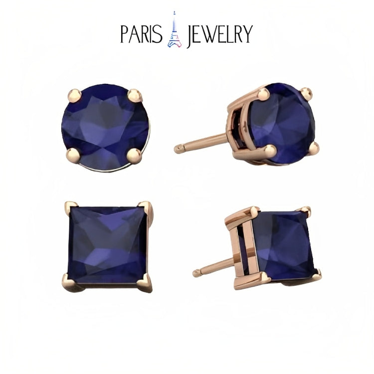 Paris Jewelry 18k Rose Gold 2 Pair Created Blue Sapphire 6mm Round & Princess Cut Stud Earrings Plated