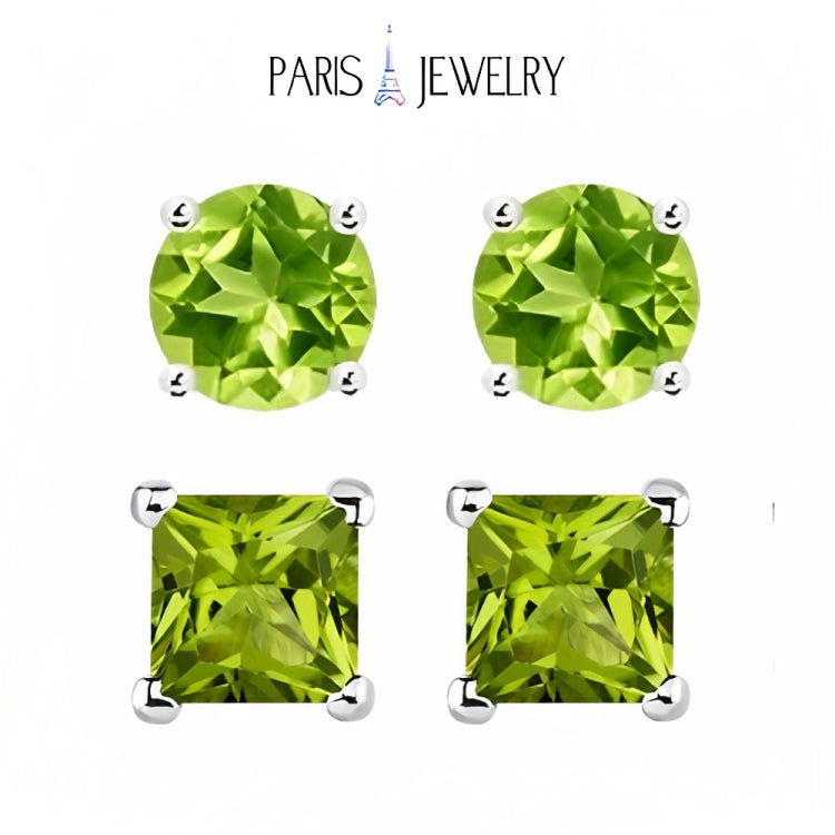 Paris Jewelry 18k White Gold 2 Pair Created Peridot 4mm, 6mm Round & Princess Cut Stud Earrings Plated