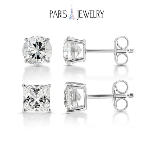 Paris Jewelry 18k White Gold 2 Pair Created White Sapphire 6mm Round & Princess Cut Stud Earrings Plated