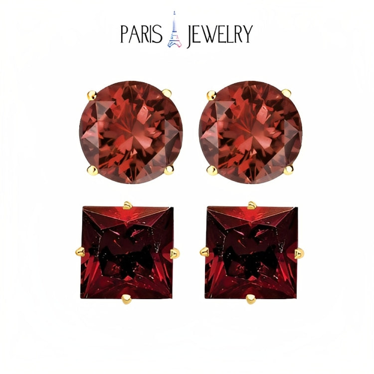 Paris Jewelry 18k Yellow Gold 2 Pair Created Garnet 4mm, 6mm Round & Princess Cut Stud Earrings Plated