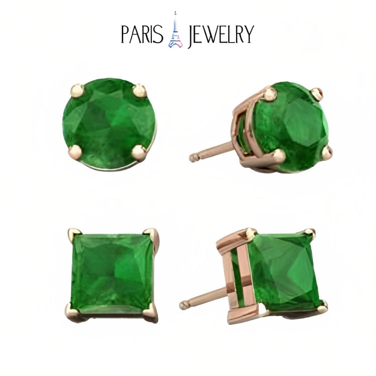 Paris Jewelry 18k Rose Gold 2 Pair Created Emerald 4mm, 6mm Round & Princess Cut Stud Earrings Plated