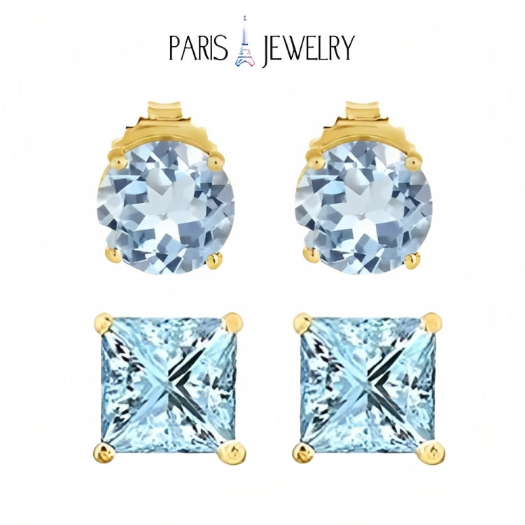 Paris Jewelry 18k Yellow Gold 2 Pair Created Aquamarine 6mm Round & Princess Cut Stud Earrings Plated