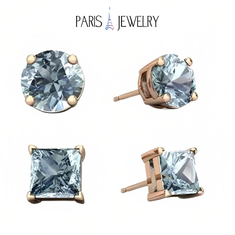 Paris Jewelry 18k Rose Gold 2 Pair Created Aquamarine 4mm, 6mm Round & Princess Cut Stud Earrings Plated