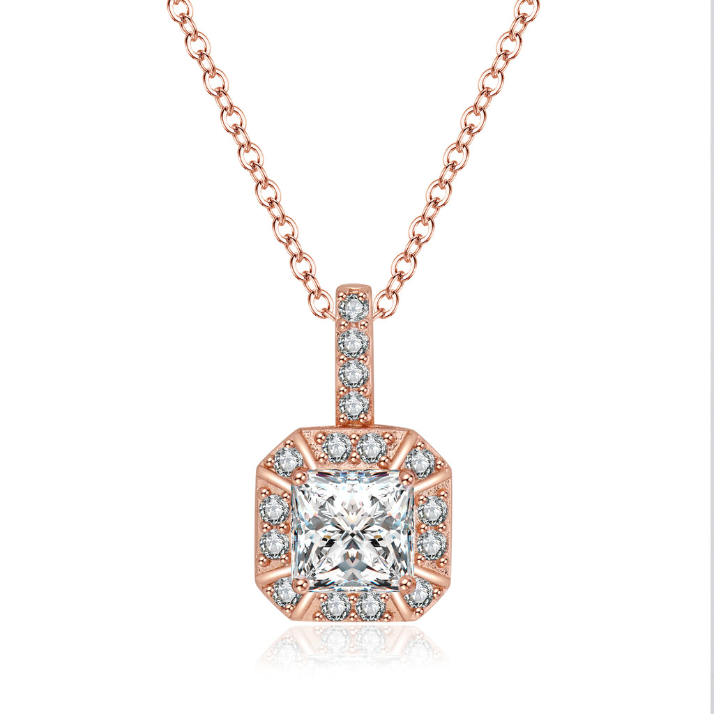 Paris Jewelry 18K Rose Gold 1ct Halo White Sapphire Square 18 Inch Necklace Plated