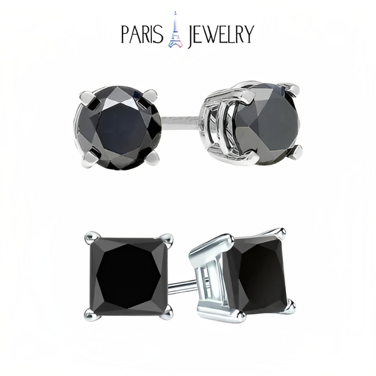 Paris Jewelry 18k White Gold 2 Pair Created Black Sapphire 6mm Round & Princess Cut Stud Earrings Plated
