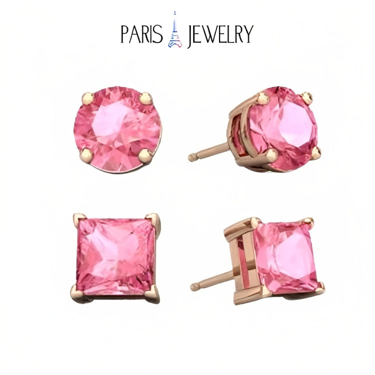 Paris Jewelry 18k Rose Gold 2 Pair Created Pink Sapphire 4mm, 6mm Round & Princess Cut Stud Earrings Plated
