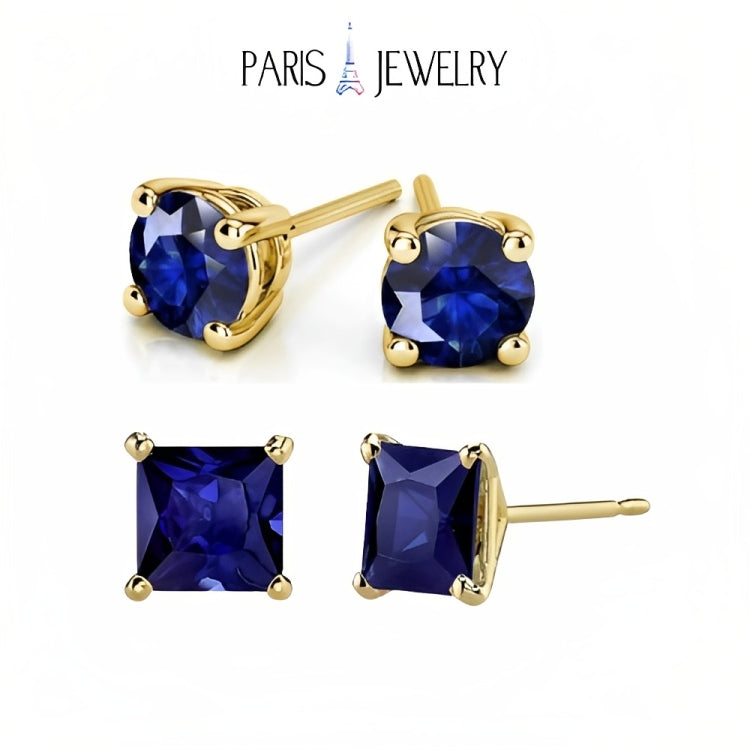 Paris Jewelry 18k Yellow Gold 2 Pair Created Blue Sapphire 6mm Round & Princess Cut Stud Earrings Plated