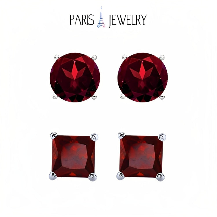 Paris Jewelry 18k White Gold 2 Pair Created Garnet 4mm, 6mm Round & Princess Cut Stud Earrings Plated