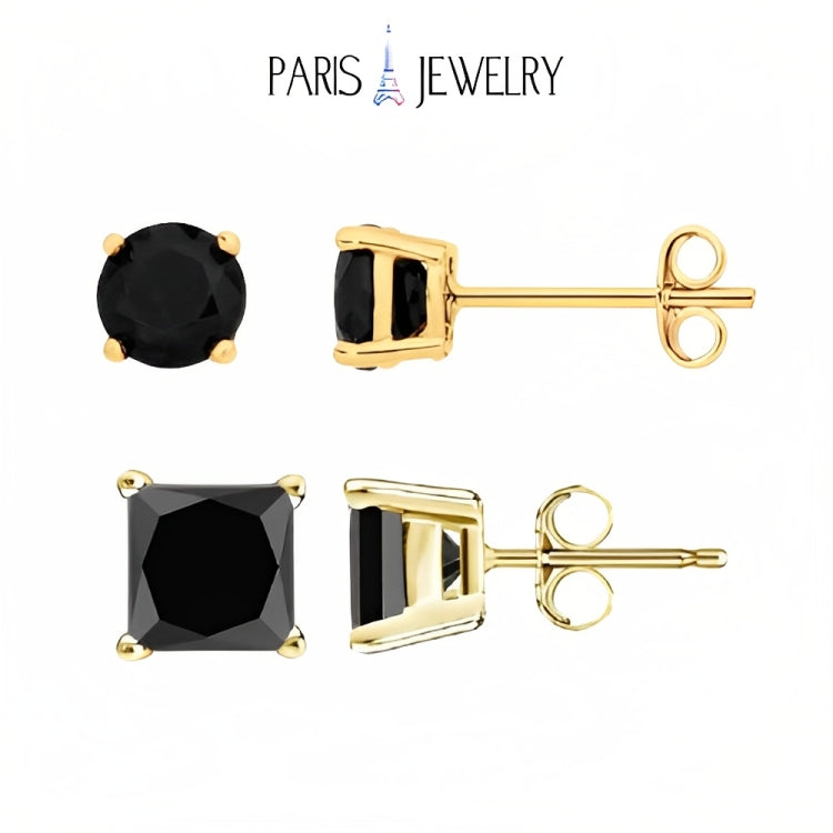 Paris Jewelry 18k Yellow Gold 2 Pair Created Black Sapphire 4mm, 6mm Round & Princess Cut Stud Earrings Plated
