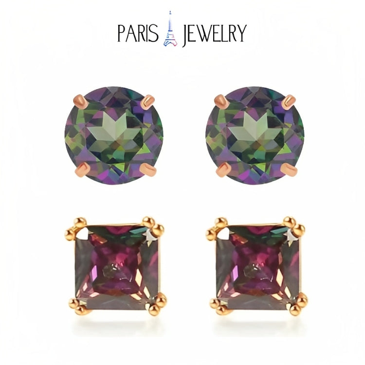 Paris Jewelry 18k Rose Gold 2 Pair Created Mystic 4mm, 6mm Round & Princess Cut Stud Earrings Plated