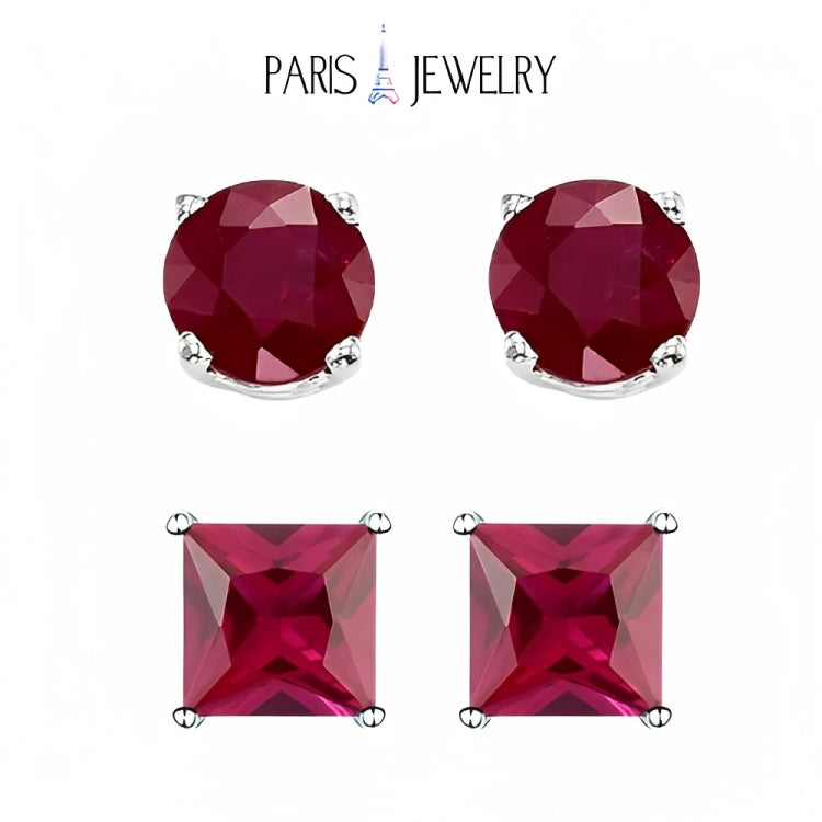 Paris Jewelry 18k White Gold 2 Pair Created Ruby 6mm Round & Princess Cut Stud Earrings Plated