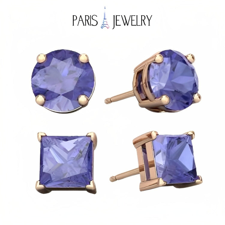 Paris Jewelry 18k Rose Gold 2 Pair Created Tanzanite 4mm, 6mm Round & Princess Cut Stud Earrings Plated