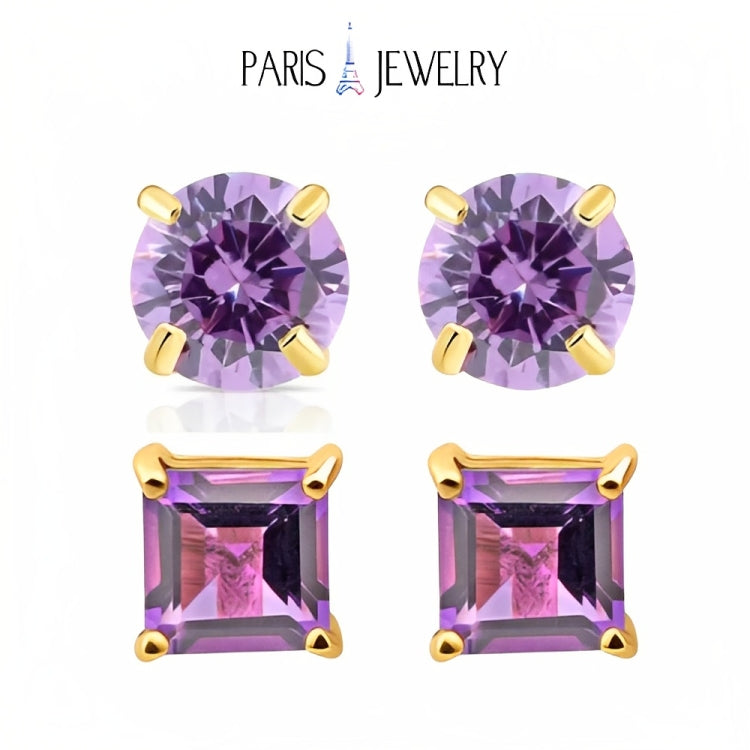Paris Jewelry 18k Yellow Gold 2 Pair Created Amethyst 6mm Round & Princess Cut Stud Earrings Plated
