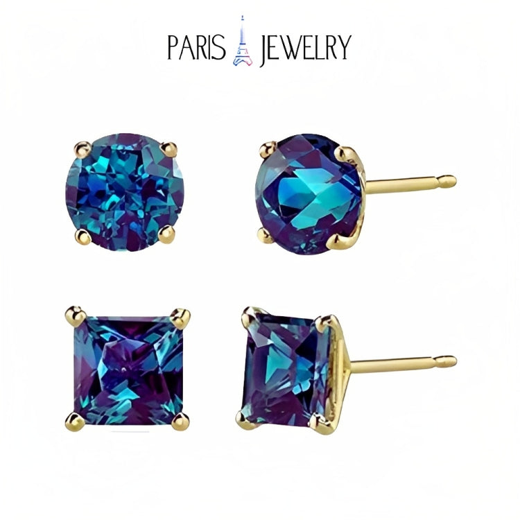 Paris Jewelry 18k Yellow Gold 2 Pair Created Alexandrite 4mm, 6mm Round & Princess Cut Stud Earrings Plated