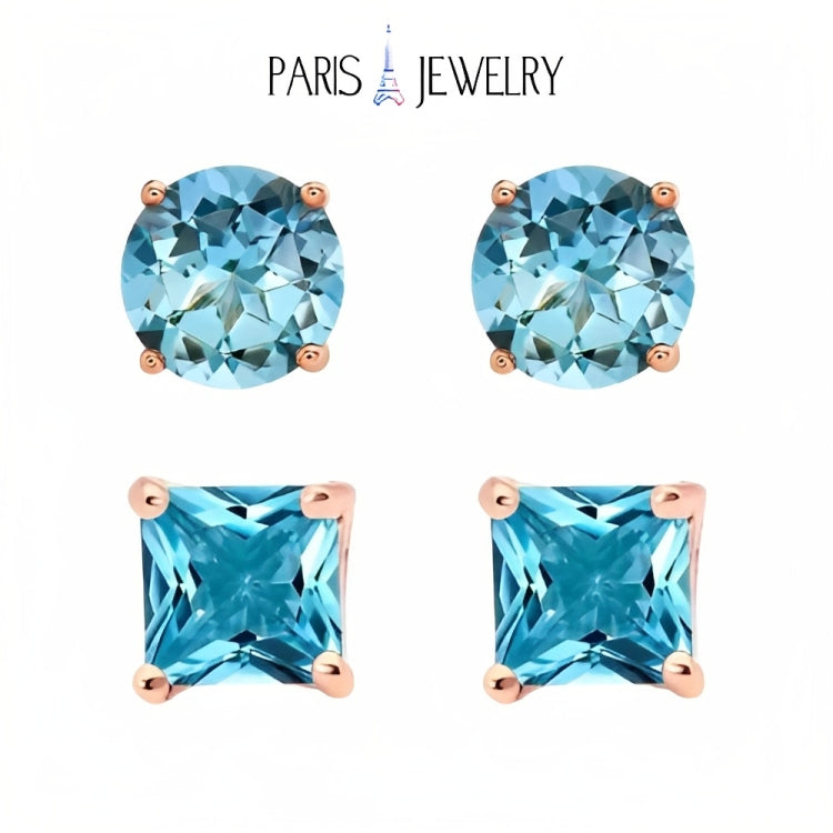 Paris Jewelry 18k Rose Gold 2 Pair Created Blue Topaz 6mm Round & Princess Cut Stud Earrings Plated