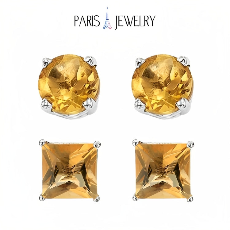 Paris Jewelry 18k White Gold 2 Pair Created Citrine 6mm Round & Princess Cut Stud Earrings Plated