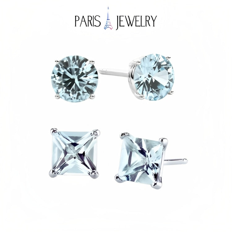 Paris Jewelry 18k White Gold 2 Pair Created Aquamarine 4mm, 6mm Round & Princess Cut Stud Earrings Plated