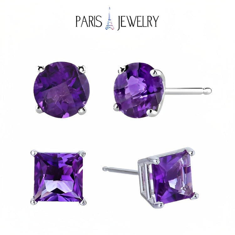 Paris Jewelry 18k White Gold 2 Pair Created Amethyst 4mm, 6mm Round & Princess Cut Stud Earrings Plated