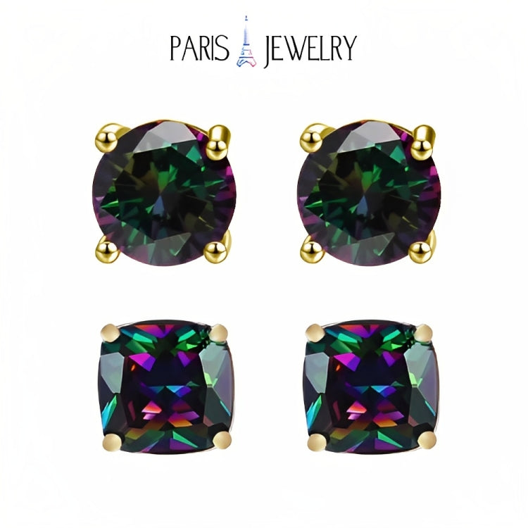 Paris Jewelry 18k Yellow Gold 2 Pair Created Mystic 6mm Round & Princess Cut Stud Earrings Plated