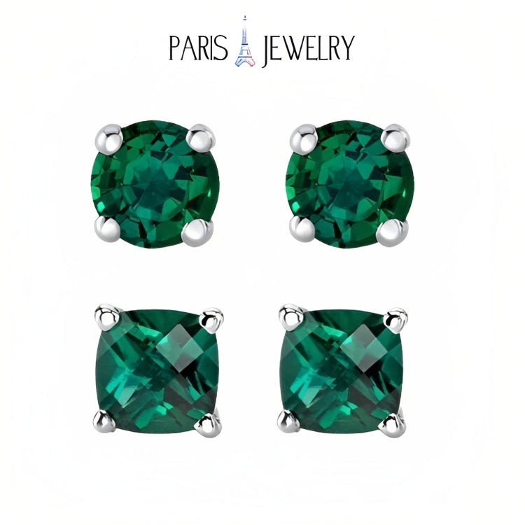 Paris Jewelry 18k White Gold 2 Pair Created Emerald 4mm, 6mm Round & Princess Cut Stud Earrings Plated
