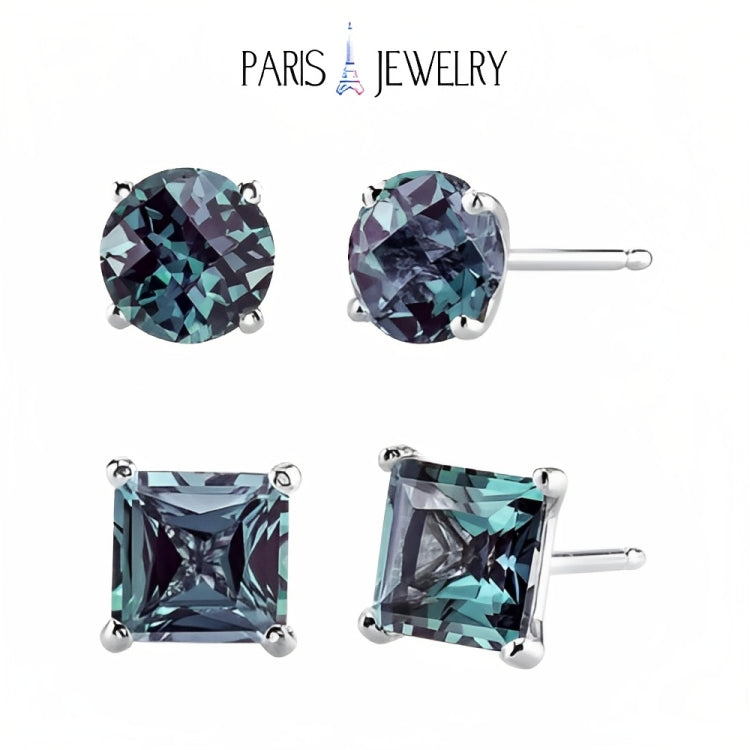 Paris Jewelry 18k White Gold 2 Pair Created Alexandrite 4mm, 6mm Round & Princess Cut Stud Earrings Plated