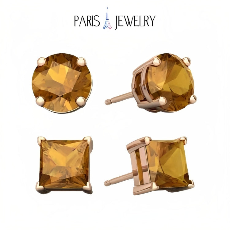 Paris Jewelry 18k Rose Gold 2 Pair Created Citrine 4mm, 6mm Round & Princess Cut Stud Earrings Plated