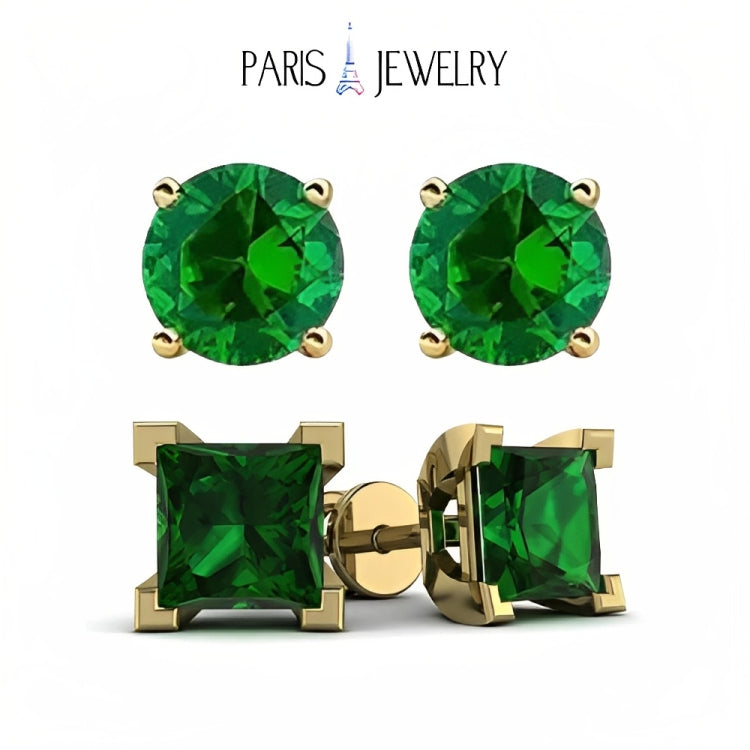 Paris Jewelry 18k Yellow Gold 2 Pair Created Emerald 6mm Round & Princess Cut Stud Earrings Plated