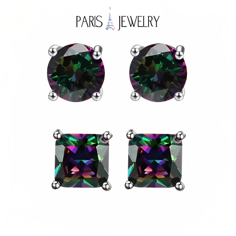 Paris Jewelry 18k White Gold 2 Pair Created Mystic 6mm Round & Princess Cut Stud Earrings Plated