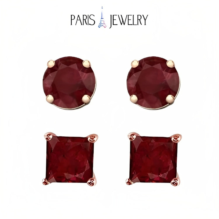 Paris Jewelry 18k Rose Gold 2 Pair Created Ruby 4mm, 6mm Round & Princess Cut Stud Earrings Plated