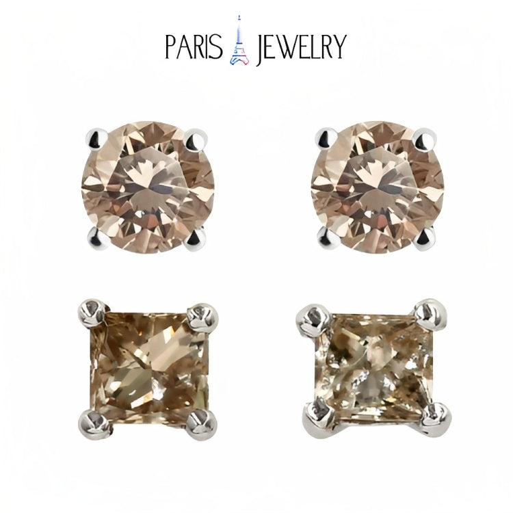 Paris Jewelry 18k White Gold 2 Pair Created Champagne 4mm Round & Princess Cut Stud Earrings Plated