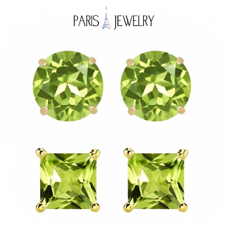Paris Jewelry 18k Yellow Gold 2 Pair Created Peridot 4mm, 6mm Round & Princess Cut Stud Earrings Plated