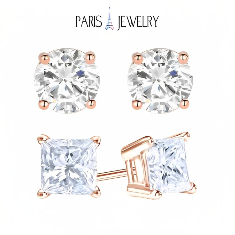 Paris Jewelry 18k Rose Gold 2 Pair Created White Sapphire 4mm, 6mm Round & Princess Cut Stud Earrings Plated