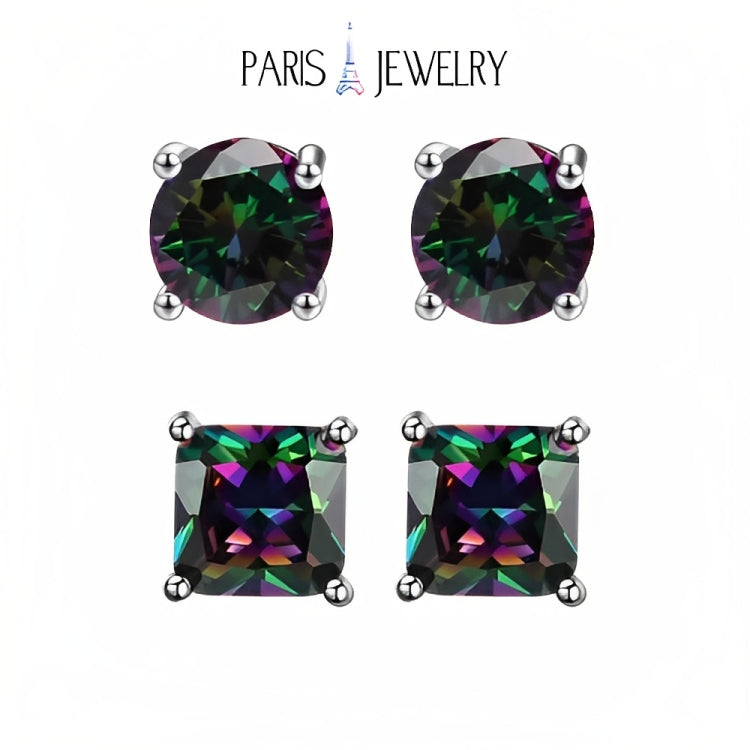 Paris Jewelry 18k White Gold 2 Pair Created Mystic 4mm Round & Princess Cut Stud Earrings Plated