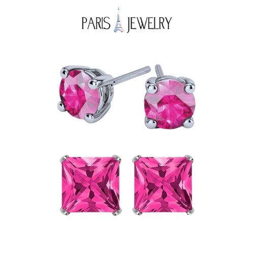 Paris Jewelry 18k White Gold 2 Pair Created Tourmaline 4mm Round & Princess Cut Stud Earrings Plated