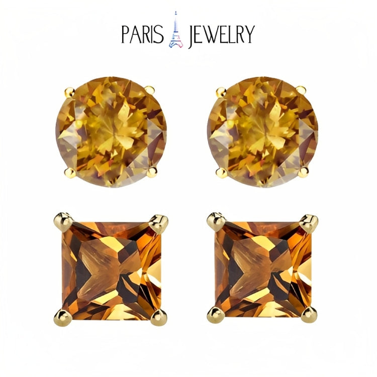 Paris Jewelry 18k Yellow Gold 2 Pair Created Citrine 4mm, 6mm Round & Princess Cut Stud Earrings Plated