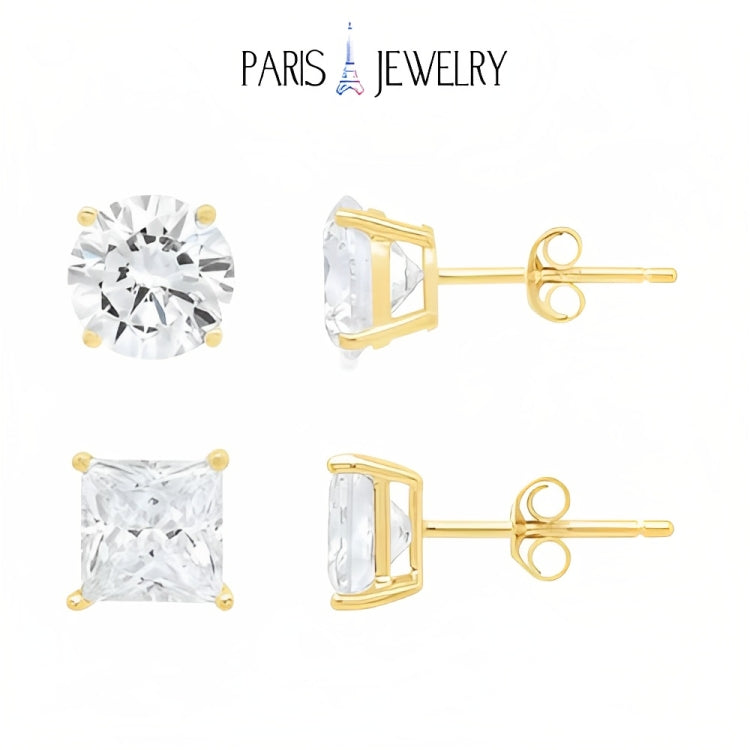 Paris Jewelry 18k Yellow Gold 2 Pair Created White Sapphire 6mm Round & Princess Cut Stud Earrings Plated