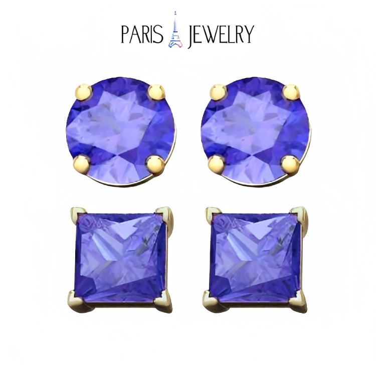 Paris Jewelry 18k Yellow Gold 2 Pair Created Tanzanite 4mm, 6mm Round & Princess Cut Stud Earrings Plated