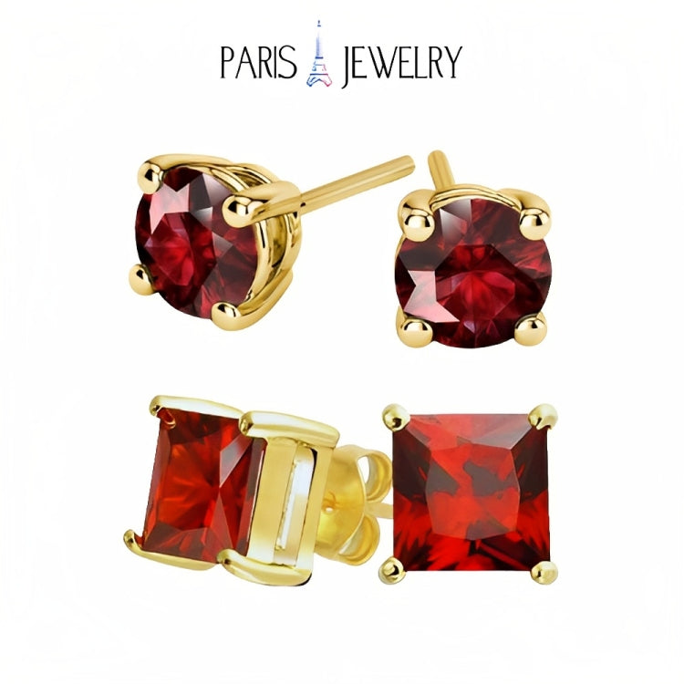 Paris Jewelry 18k Yellow Gold 2 Pair Created Ruby 4mm, 6mm Round & Princess Cut Stud Earrings Plated