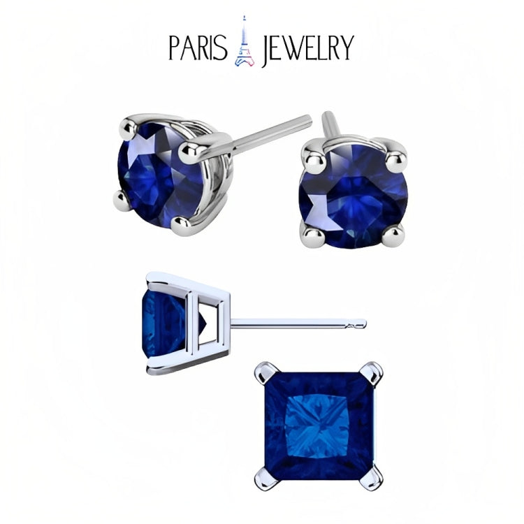 Paris Jewelry 18k White Gold 2 Pair Created Blue Sapphire 6mm Round & Princess Cut Stud Earrings Plated
