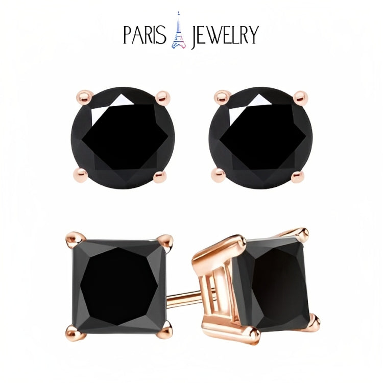 Paris Jewelry 18k Rose Gold 2 Pair Created Black Sapphire 6mm Round & Princess Cut Stud Earrings Plated