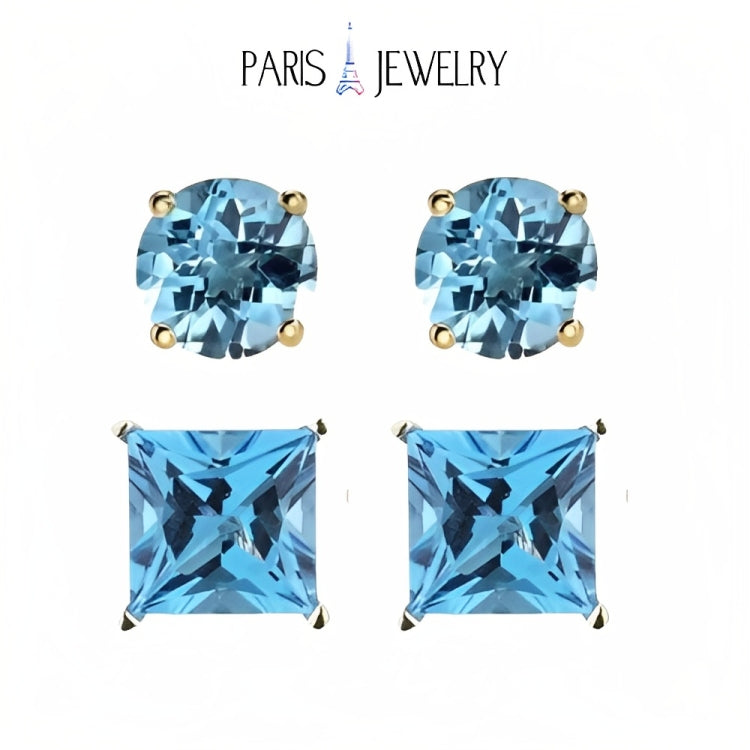 Paris Jewelry 18k Yellow Gold 2 Pair Created Blue Topaz 6mm Round & Princess Cut Stud Earrings Plated